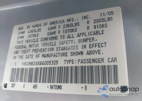 2006 Honda Accord 3.0 Ex из США, поврежденный, VIN 1HGCM826X6A005325